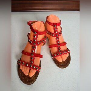 Sam Edelman Elisa Red Suede Uppers Silver Dome Studs Sz 7.5 Gladiator Style